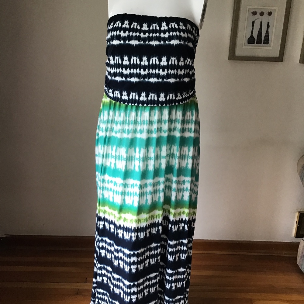 Mlle Gabrielle Strapless Tie-Dye Maxi Dress in Navy, Teal, Lime and White